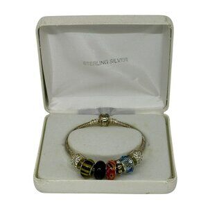 Sterling Silver Bead Charm Bracelet Glass Beads 7.5" European Snake Chain w/ Box